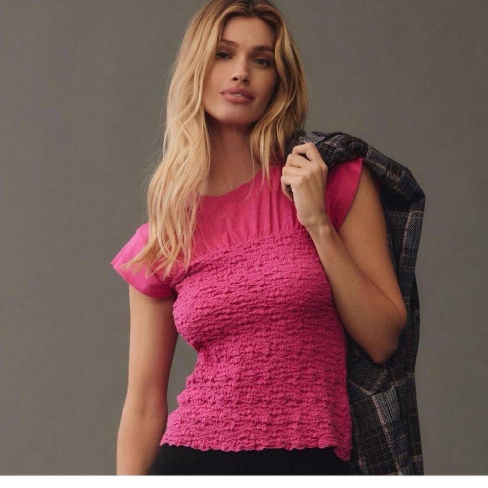 Maeve Anthropologie NWOT Women's Magenta Cap-Sleeve Smocked Muscle Top M